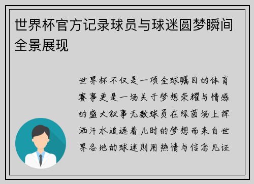 世界杯官方记录球员与球迷圆梦瞬间全景展现