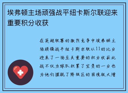 埃弗顿主场顽强战平纽卡斯尔联迎来重要积分收获