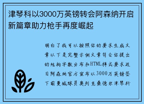 津琴科以3000万英镑转会阿森纳开启新篇章助力枪手再度崛起