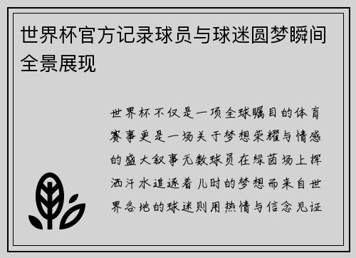 世界杯官方记录球员与球迷圆梦瞬间全景展现